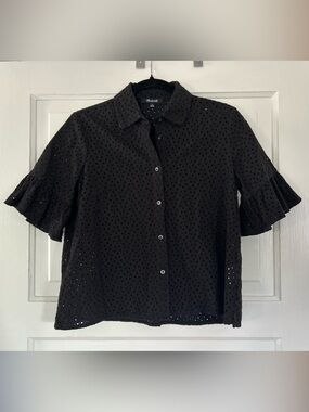 Madewell Black Eyelet Button-Front Shirt with Ruffle Sleeves. Adorable! Sz Small